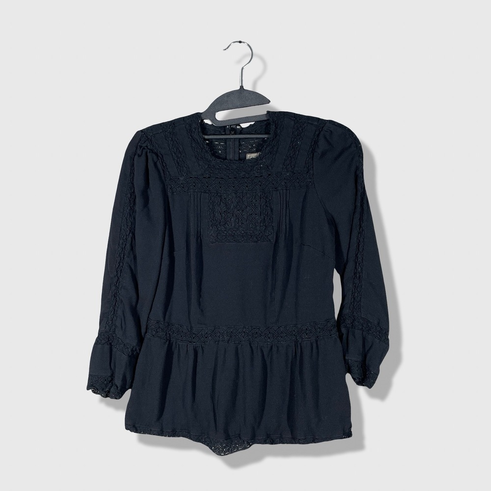 Point Sur Peplum Blouse Womens 0 Black Lace Trim Boho Victorian Romantic